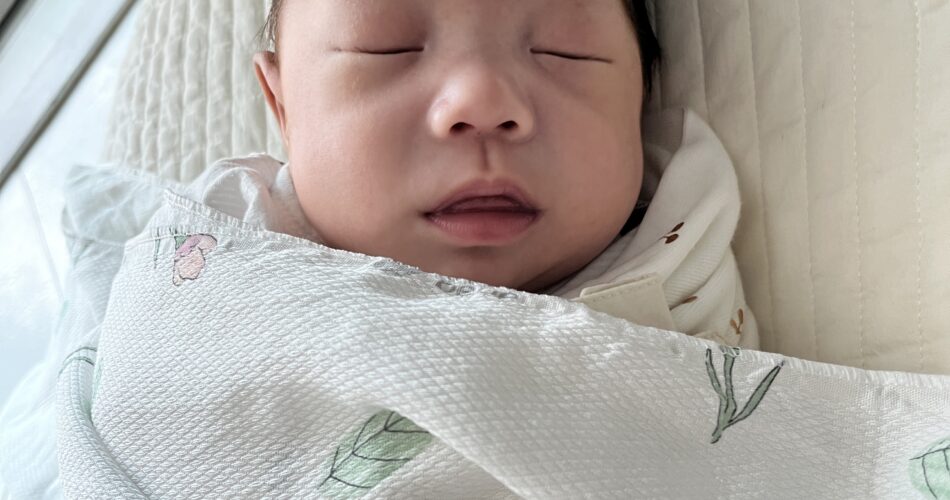 흰색 아기 침대 위에 흰색 바탕에 연두색 잎사귀와 분홍색 꽃무늬가 그려진 블랭킷에 싸여 곤히 잠든 아기 지호의 모습. 머리는 약간 검은색이고 눈은 감겨 있으며 입은 살짝 벌어져 있다.