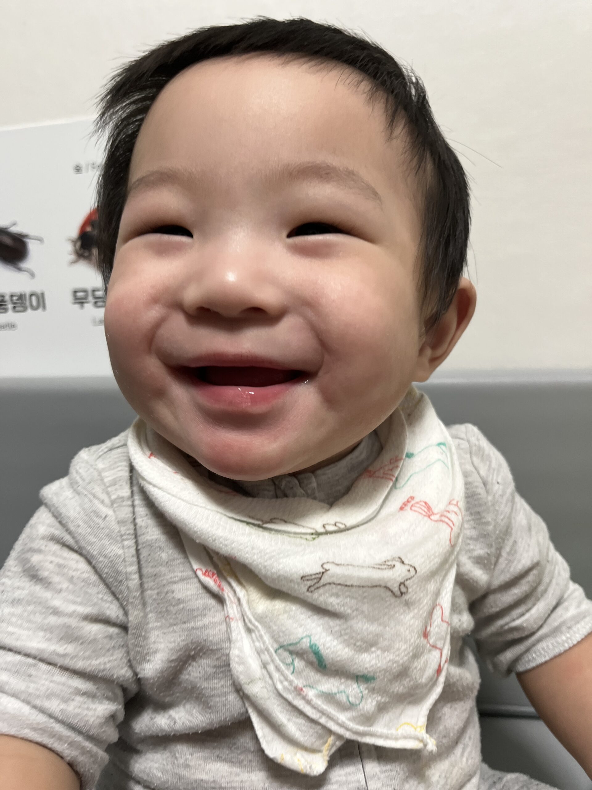 회색 상의와 토끼 무늬 턱받이를 한 아기 지호가 눈을 감고 입을 활짝 벌리며 기분 좋게 웃고 있다. 뒤편 벽에는 곤충 그림이 보인다.