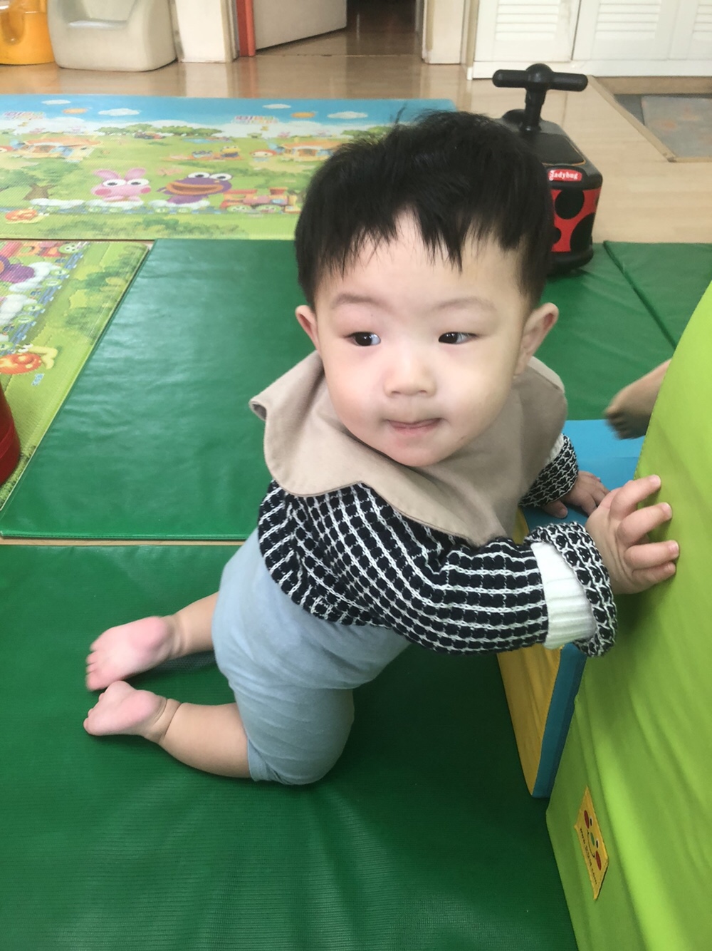 지호가 실내 놀이방의 초록색 매트 위에서 무릎을 꿇고 앉아 연두색 벽에 기대어 주변을 호기심 가득한 눈으로 바라보고 있다. 검은색 체크무늬 상의와 베이지색 턱받이를 하고 있다.