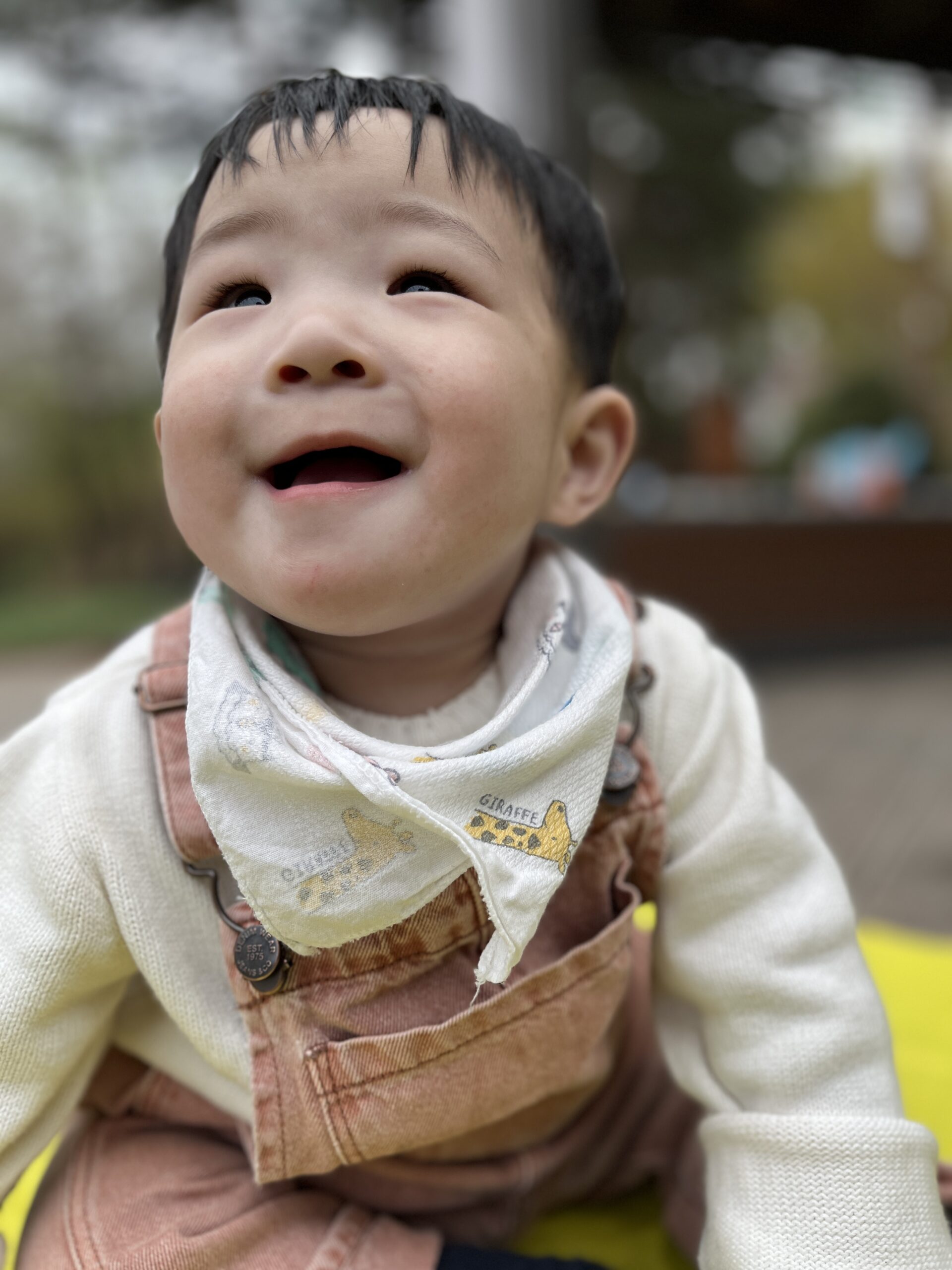 노란 매트 위에서 갈색 멜빵바지를 입은 아기 지호가 하늘을 바라보며 환하게 웃고 있다. 해맑은 미소가 얼굴 가득하다.
