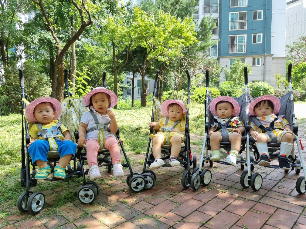 야외 공원에서 유모차에 앉은 다섯 명의 아기들이 나란히 줄지어 있는 모습. 모두 핑크색 모자를 쓰고 있다. 뒤편으로는 나무와 아파트 건물이 보인다.