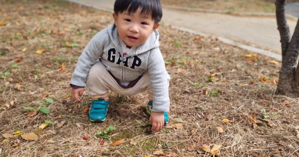 회색 GAP 후드티와 베이지색 바지, 파란색 신발을 신은 지호가 마른 풀과 낙엽, 작은 붉은 열매가 있는 땅에 쪼그려 앉아 카메라를 보고 살짝 미소 짓고 있다.