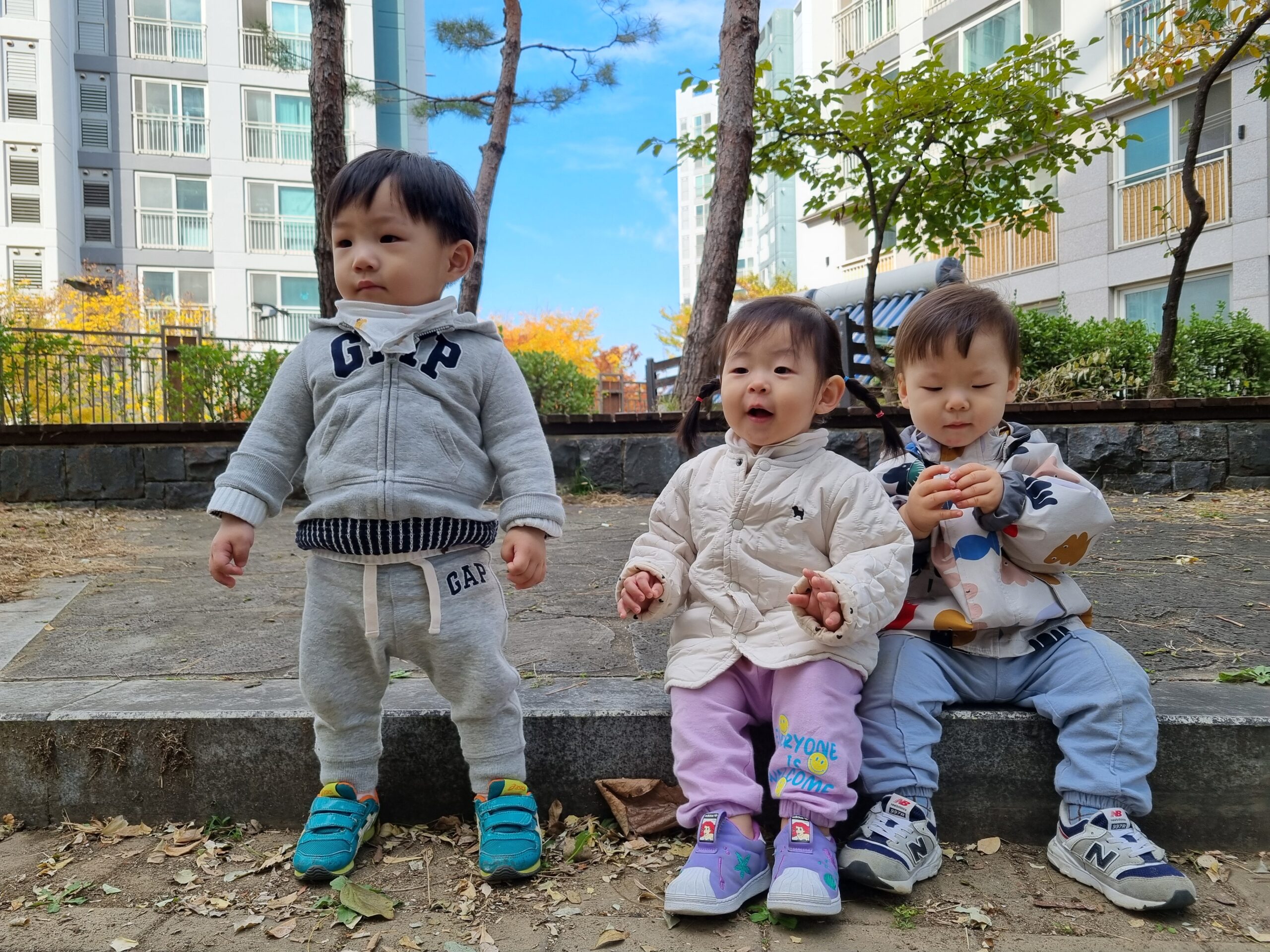 회색 GAP 후드티를 입은 지호가 두 명의 다른 아기 친구들과 함께 야외에서 돌담 위에 서 있거나 앉아 있는 모습. 뒤로는 아파트 건물과 가을 나무들이 보인다.