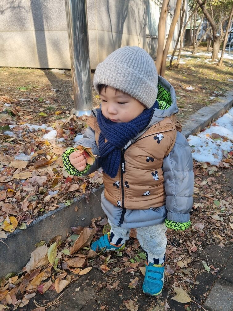 베이지색 조끼와 파란색 스카프, 털모자를 쓴 지호가 낙엽이 쌓인 길에서 작은 나뭇잎을 들고 유심히 보고 있다. 배경에는 나무와 약간의 눈이 보인다.