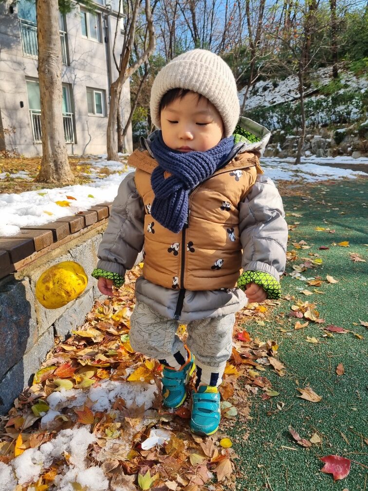 베이지색 털모자와 두꺼운 겨울 패딩, 남색 목도리를 두른 아이가 낙엽과 눈이 섞인 길을 걷고 있다. 길가에는 노란색 물체가 놓여 있다.