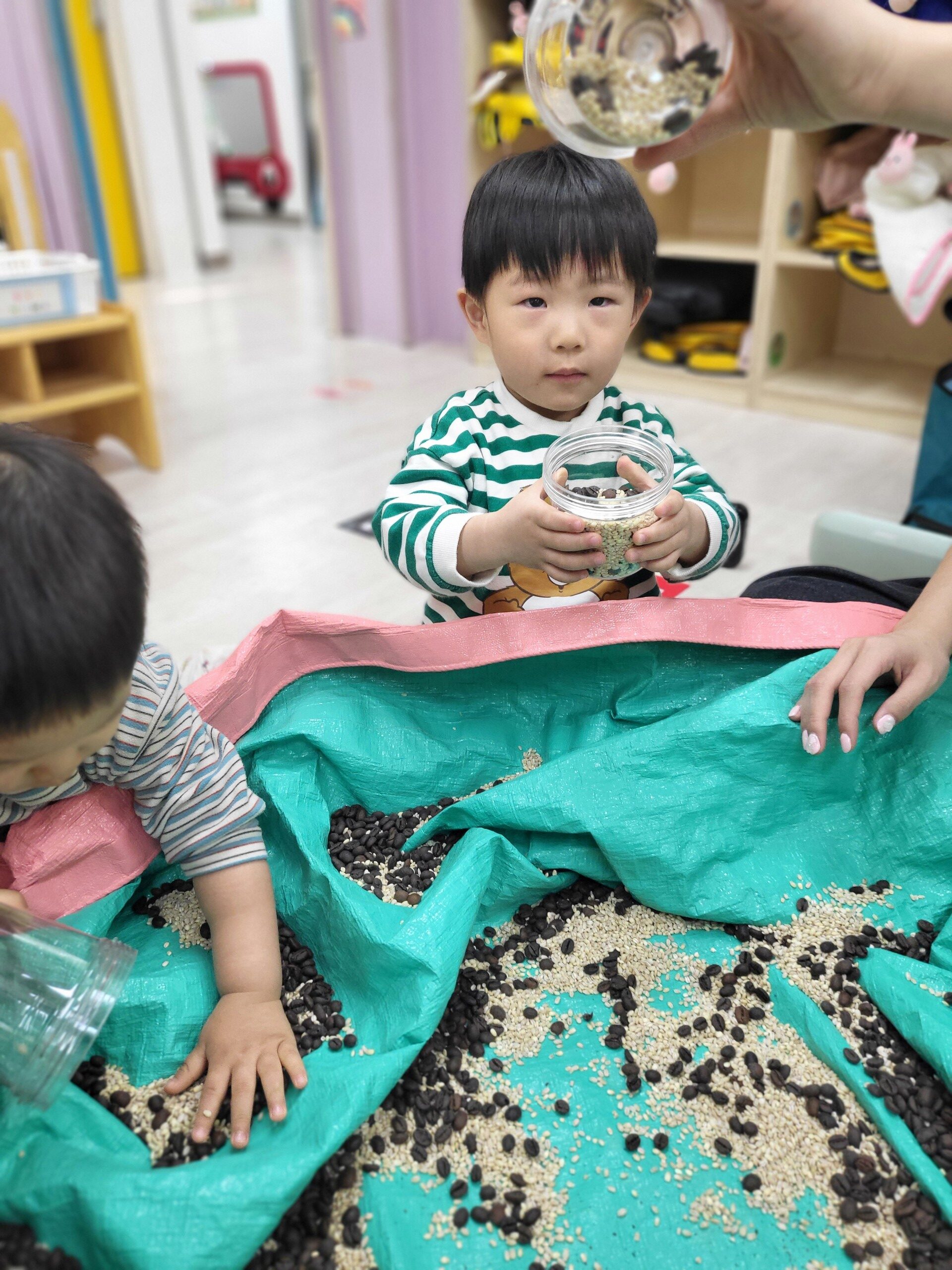 연두색 줄무늬 티셔츠를 입은 지호가 실내에서 초록색 천 위에 뿌려진 검은색 강낭콩과 하얀색 율무 등 곡물들을 손으로 만지고 작은 플라스틱 통에 담으며 집중하고 있다. 다른 아이의 손과 어른의 손도 보인다.